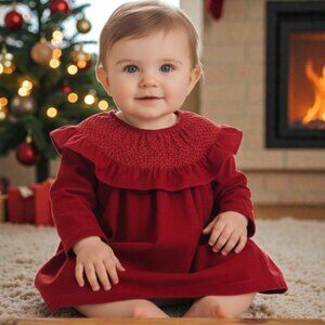 Petit Bateau Red Smocked Long-Sleeve Corduroy Dress size 6 Months